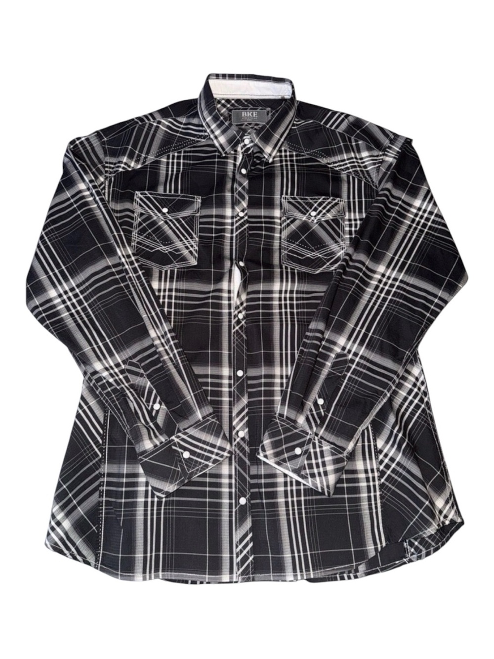 BKE Men's 3XL Athletic Fit Black Gray  Plaid Pearl Snap Western Shirt Bull Rider